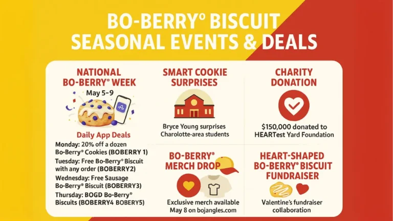 Infographic showing Bojangles Bo Berry Biscuit seasonal promotions including National Bo Berry Week daily app deals, Smart Cookie surprises, $150,000 charity donation, Bo Berry merch drop, and Valentine’s fundraiser