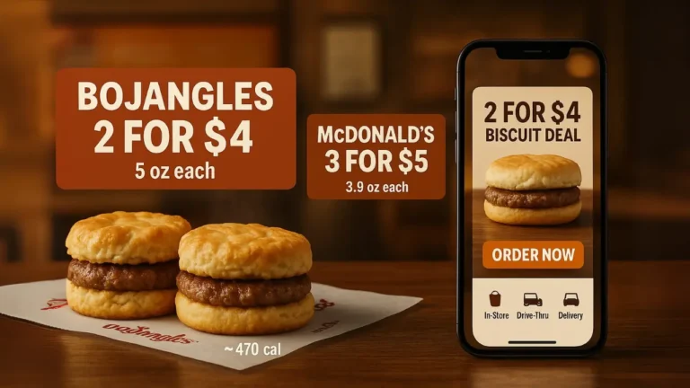 Bojangles 2 for $4 biscuit deal with two golden sausage biscuits on branded paper and a smartphone app showing the offer.