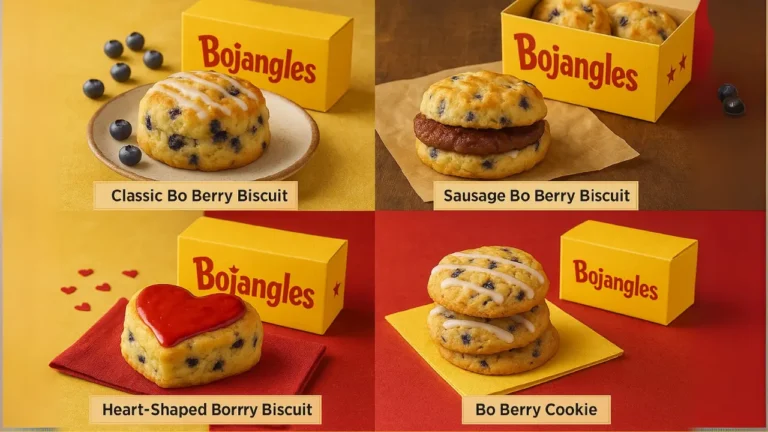 Labeled collage of Bojangles Bo Berry Biscuit variations: Classic Bo Berry Biscuit, Sausage Bo Berry Biscuit, Heart-Shaped Bo Berry Biscuit, and Bo Berry Cookie with branded packaging