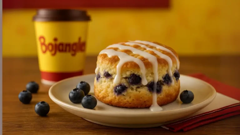 Close-up of a Bojangles Bo Berry Biscuit on a plate with blueberries and sweet icing drizzle in a rustic breakfast setting