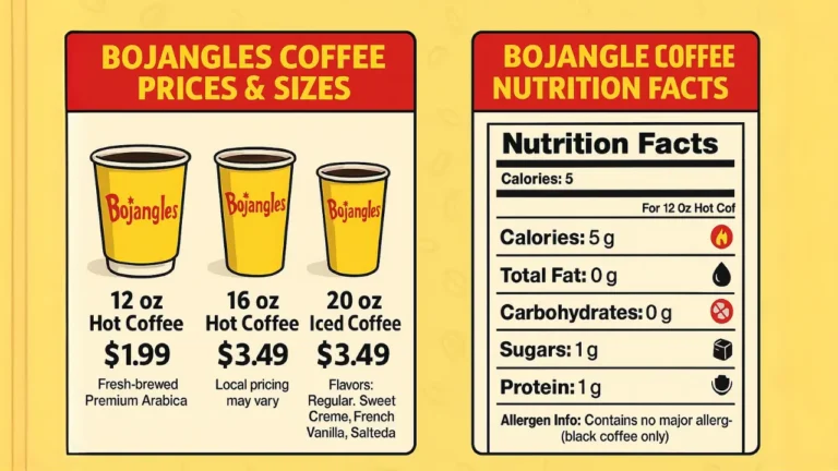Infographic showing Bojangles coffee sizes, prices, and nutrition facts in Bojangles yellow and red branding