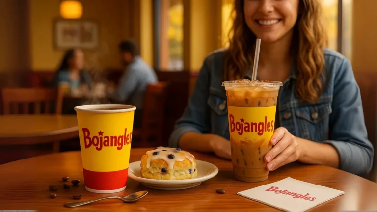 Customer holding Bojangles iced coffee with condensation while hot coffee and a Bo-Berry Biscuit are served on a table inside a Bojangles restaurant