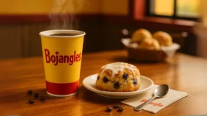Steaming Bojangles coffee in branded cup placed beside a Bo-Berry Biscuit with icing on a rustic table
