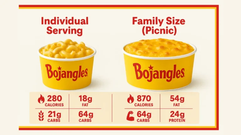 Infographic showing Bojangles mac and cheese individual serving and family picnic size with calorie, fat, carb, and protein breakdown.