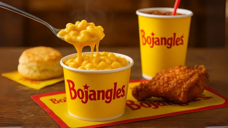 A yellow Bojangles cup filled with creamy mac and cheese, steaming hot, served with a biscuit, fried chicken, and sweet tea in the background.