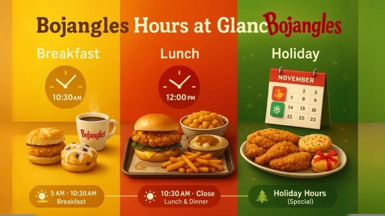 Colorful infographic with three sections of Bojangles Hours: breakfast ending at 10:30 AM with biscuits and coffee, lunch starting 10:30 AM with chicken sandwich and sides, and holiday hours with Cajun chicken platter, cookies, and calendar marked for Thanksgiving and Christmas.