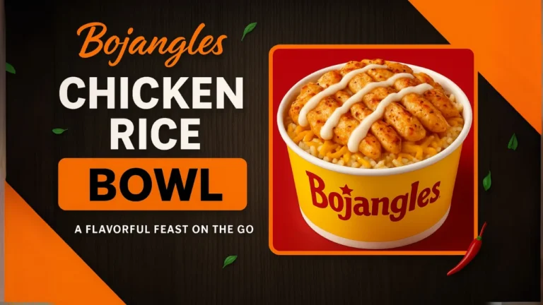High-resolution hero image of Bojangles chicken rice bowl with Dirty Rice, Cajun Pintos, melted cheese, grilled chicken, crispy Supremes, and Texas Pete hot sauce on a rustic table.