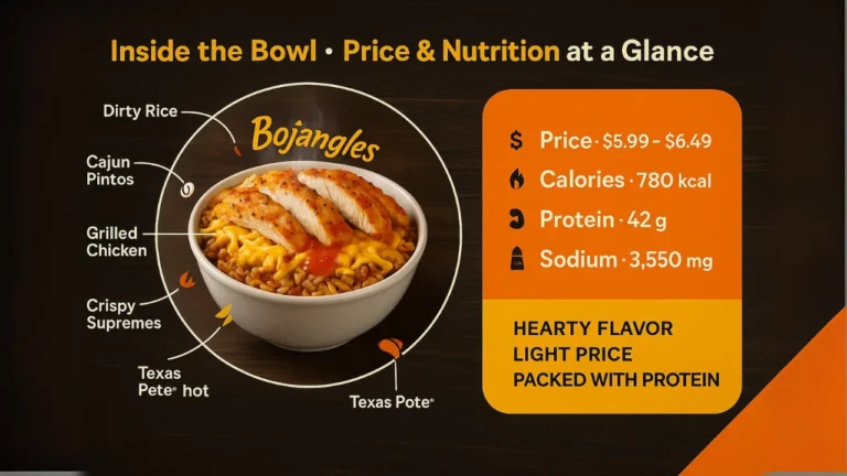 Detailed Bojangles chicken rice bowl infographic featuring labeled ingredients and a price and nutrition panel on a dark wood and orange design background.