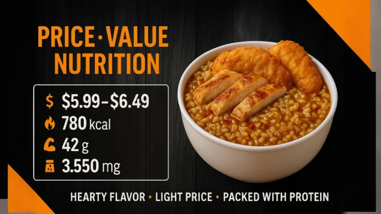 Informative Bojangles chicken rice bowl graphic showing price range, calories, protein, and sodium with modern icons and vibrant Bojangles brand colors.