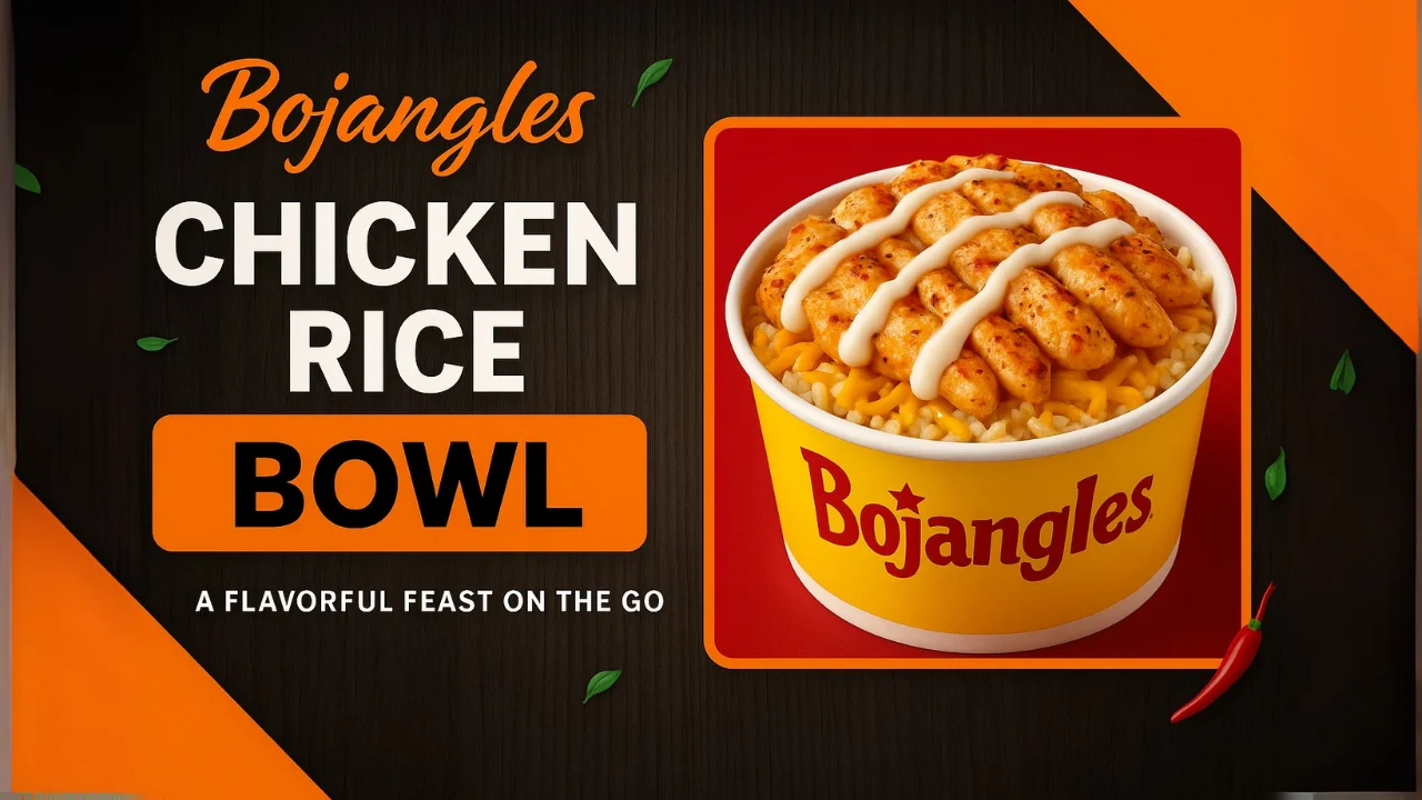 High-resolution hero image of Bojangles chicken rice bowl with Dirty Rice, Cajun Pintos, melted cheese, grilled chicken, crispy Supremes, and Texas Pete hot sauce on a rustic table.