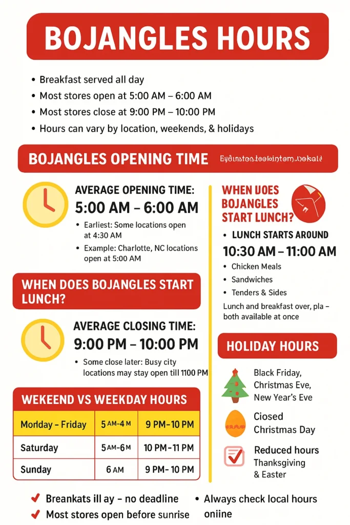 Infographic titled Bojangles Hours showing breakfast served all day, most stores opening at 5 AM to 6 AM and closing at 9 PM to 10 PM, lunch starting around 10:30 AM to 11 AM, weekend versus weekday hours in a small table, and holiday hours such as closures on Christmas Day and reduced hours on Thanksgiving and Easter.