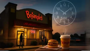 Exterior of Bojangles restaurant at dawn with glowing “Open” sign, a large 5:00 AM clock in the sky, and Cajun Chicken Biscuit with coffee in the foreground.