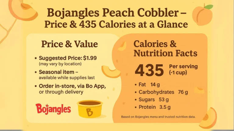Bright infographic showing Bojangles peach cobbler pricing ($1.99 suggested) and exact nutrition facts with 435 calories per serving, 14 g fat, 76 g carbs, 53 g sugar, and 3.5 g protein, in Bojangles brand colors.