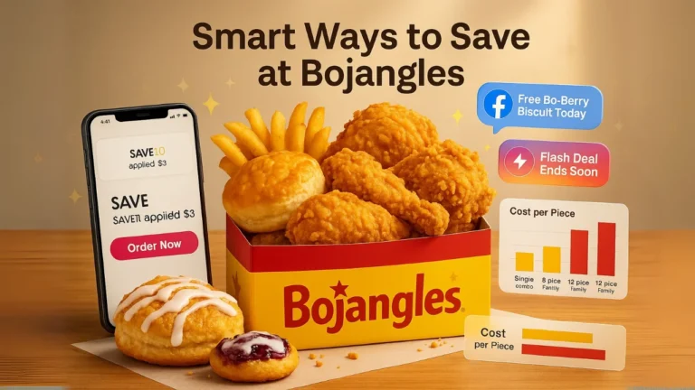 Bojangles Specials fried chicken feast with a smartphone showing an applied promo code, social media deal alerts, and a price comparison chart.