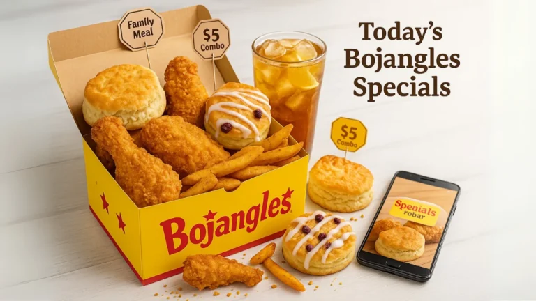 Bojangles yellow-and-red box overflowing with Bojangles specials like crispy fried chicken, hot biscuits, seasoned fries, and iced tea on a white table.