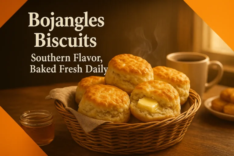 Golden Bojangles biscuits arranged on plates with butter, coffee, and honey jars in a Southern-style restaurant setting, featuring $5 combo and 2 for $4 biscuit deals in a promotional layout.