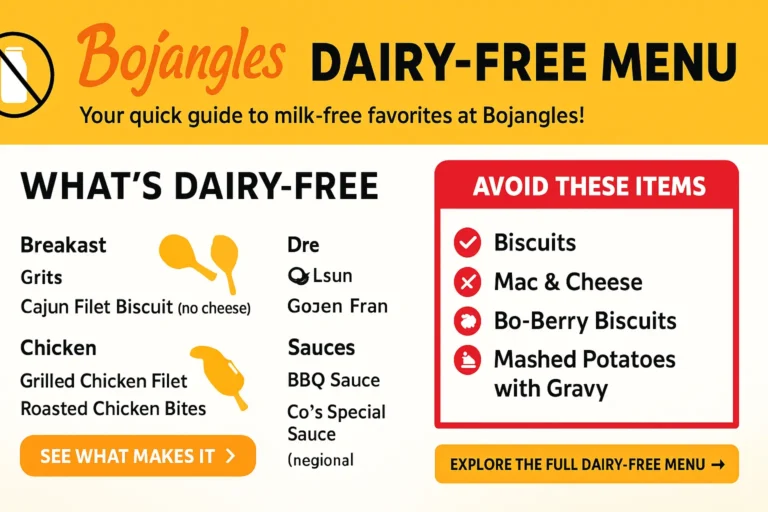 Informational infographic showing Bojangles Dairy Free menu items with icons and sections for biscuits, sides, and drinks. Includes facts about dairy free options, allergen notes, and cross-contamination warnings. Design uses yellow and orange brand colors in a clean, flat layout with food illustrations and clear headings.