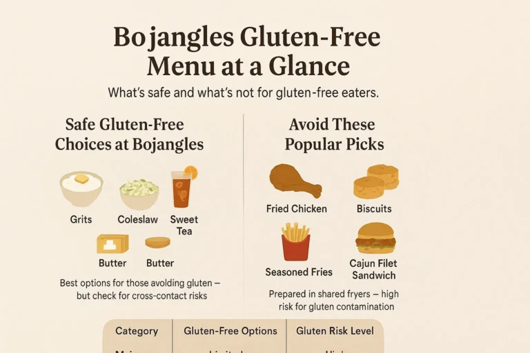 Infographic displaying Bojangles gluten free options with elegant background design, listing safe menu items, cross-contamination risks, and key allergen information in an easy-to-read format.