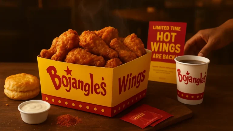 A high-resolution image showing Bojangles crispy chicken wings served with ranch sauce and buttermilk biscuits on a wooden table, with bold text promoting “Bojangles Wings – Crispy, Spicy, and Irresistibly Southern.” The scene reflects Bojangles’ signature Southern-style comfort food.
