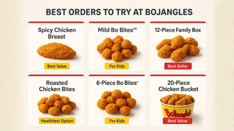 Menu display for Bojangles highlighting best orders. Options include Spicy Chicken Breast, Mild Bo Bites, 12-Piece Family Box, Roasted Chicken Bites, 6-Piece Bo Bites, and 20-Piece Chicken Bucket. Each has labels such as Best Value, For Kids, Best Seller, and Healthiest Option.