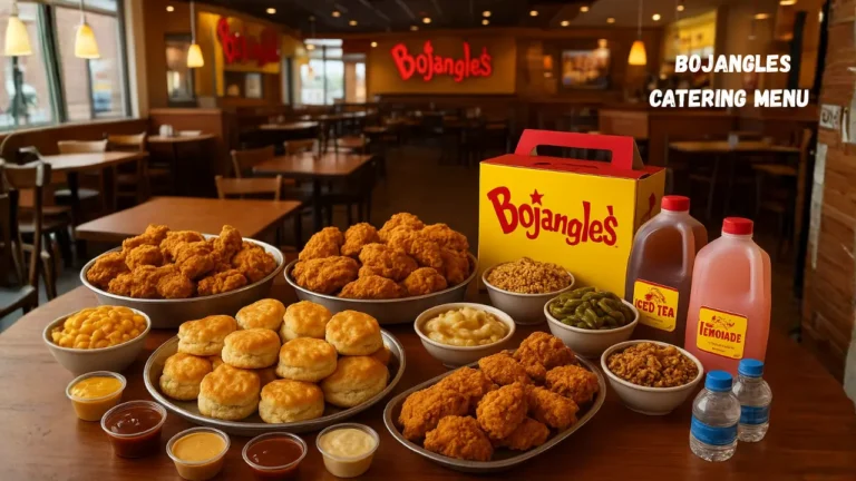A detailed Bojangles catering menu showcasing diverse meal choices for parties, with vibrant images and descriptions.