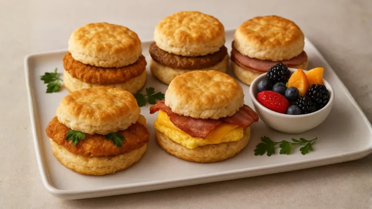 A plate featuring four biscuits topped with eggs, ham, and bacon, presented as part of the Bojangles Catering Menu.