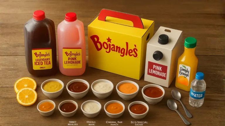 A box and a bottle of orange juice with cups, set alongside a Bojangles Catering Menu for beverage options.