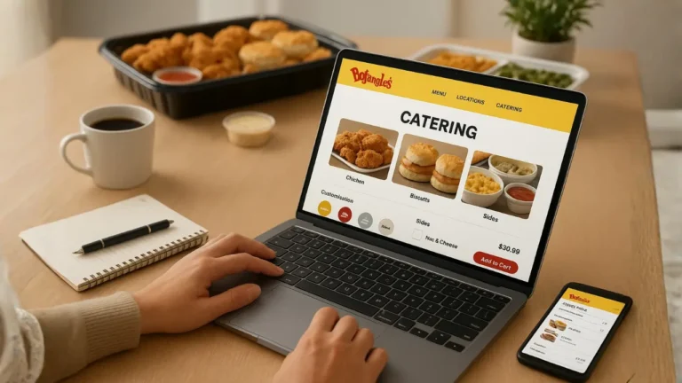 A person ordering food online using a laptop, with the Bojangles Catering Menu displayed on the screen.