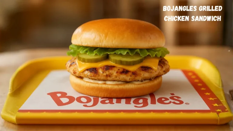 A Bojangles Grilled Chicken Sandwich served on a tray, showcasing a juicy chicken fillet nestled in a bun.