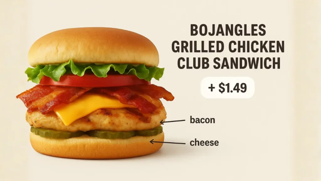 A Bojangles Grilled Chicken Club Sandwich topped with bacon, cheese, and lettuce on a toasted bun.