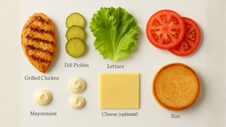 Ingredients for a Bojangles Grilled Chicken Sandwich displayed on a white surface.