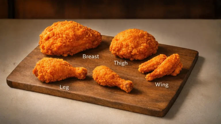 A wooden board displaying four pieces of fried chicken labeled as breast, thigh, leg, and wing.