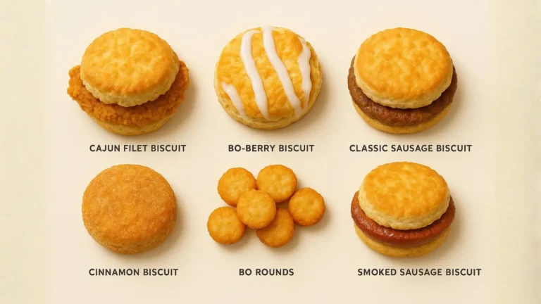 A selection of biscuits showcased with a sign advertising "Bojangles 2 for $5" in the foreground.